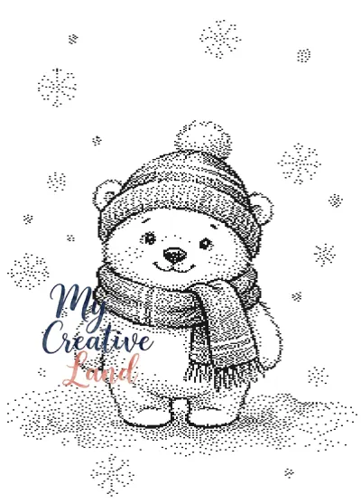 Polar bear in a knitted hat and scarf, baby blanket knitting chart for Brother machines