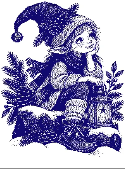 Vintage-style Christmas elf with a lantern and fir branches, navy knitting chart