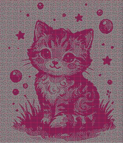 Cute kitten with stars and bubbles, pink knitting chart for Brother electronic machines